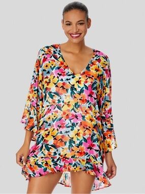 Anne Cole Floral Tunic Dress Cover Up Pink Yellow Boho Flowy Beach Medium